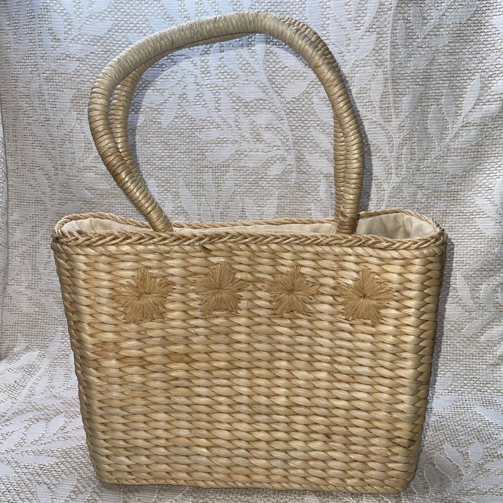 Vintage wicker purse tote with pink checkered interior